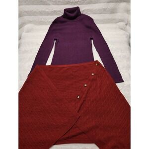 SET Orvis Cape Sweater Shawl Button  Cable Knit Wool Cardigan Chicos Silk Size 1